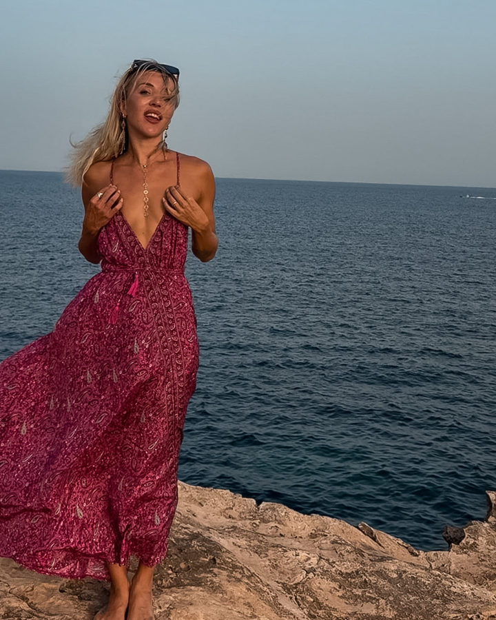 Boho Maxikleid Damen Pink mit Paisley Muster| Langes Sommerkleid