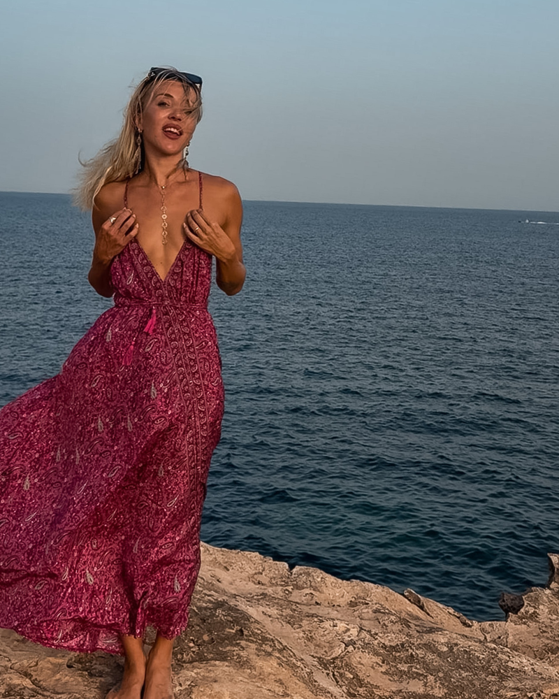 Boho Maxikleid Damen Pink mit Paisley Muster| Langes Sommerkleid