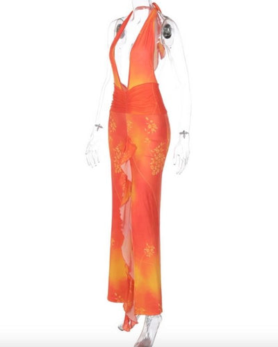 Langes Damen Maxikleid mit offenem Rücken und in schönem Orange Gelb Ton 