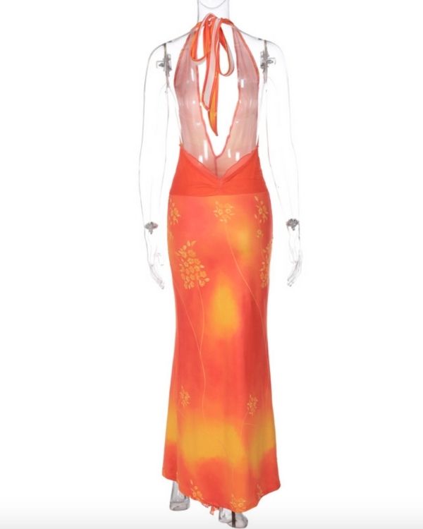 Offener Rücken und Schlitz - einzigartiges Design - Orange Gelbes Damen Sommerkleid