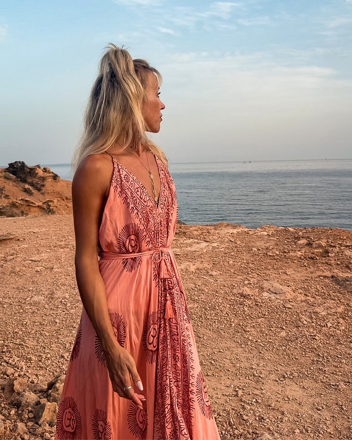OM Kleid Damen Koralle | Boho Chic Sommerkleid 