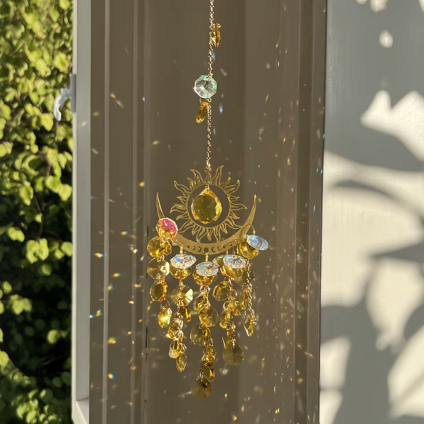 Gelbe Citrin Steine Sonnenfänger Anhänger mit Mond und Sonnen Symbol 