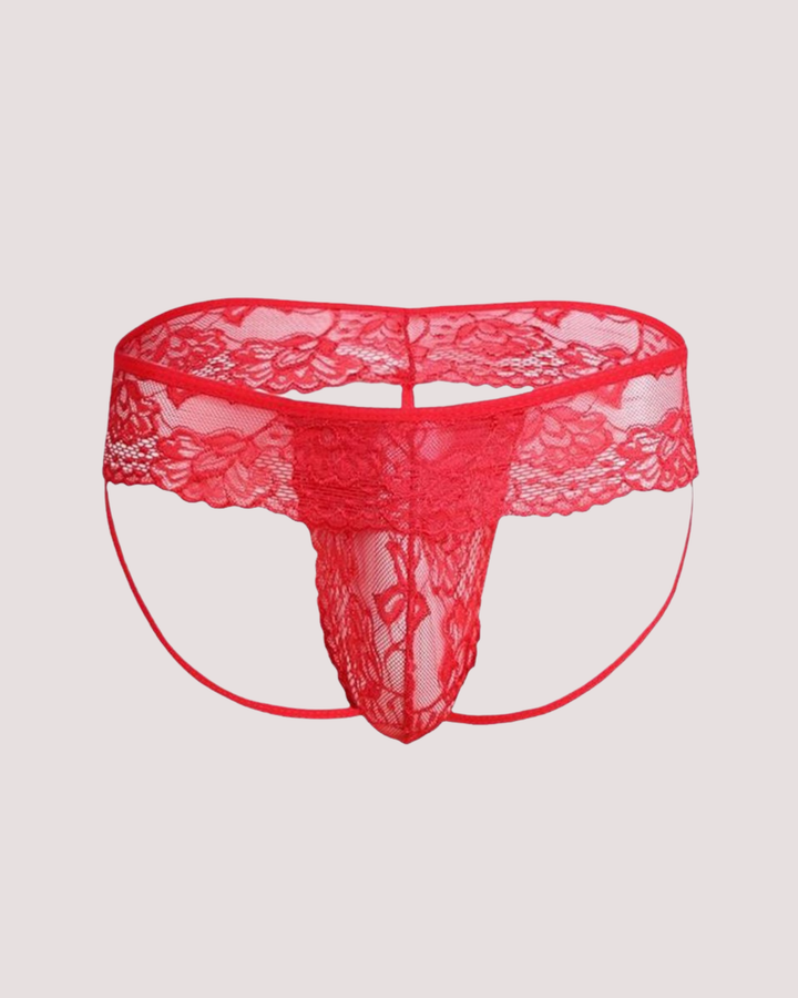 Herren-Dessous mit Spitze und schmalen Bändern | Roter Herren Spitzen String 