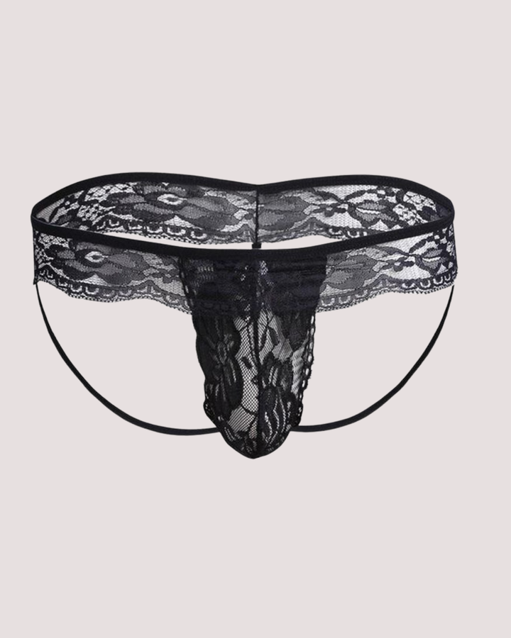 Schwarzer Herren-String Lace Affair aus floraler Spitze
