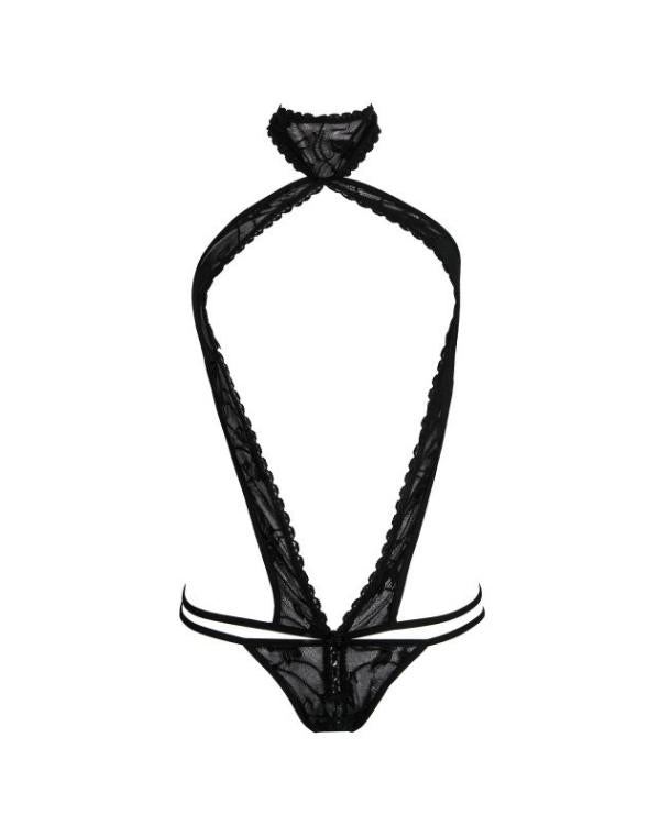 erotischer Bodysuit mit Kragen und vorne nur aus zwei Bändern mit String Tange verbunden 