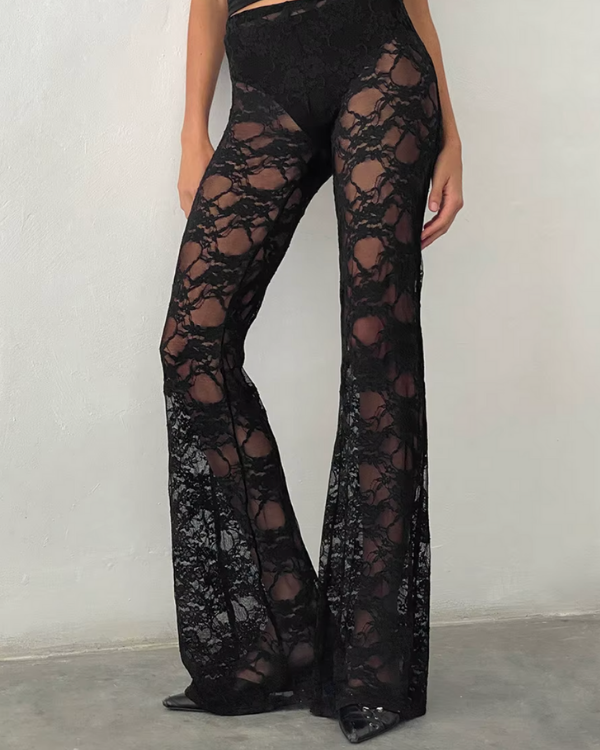 Schwarze Lace Pants für den Abend-Look mit High Heels