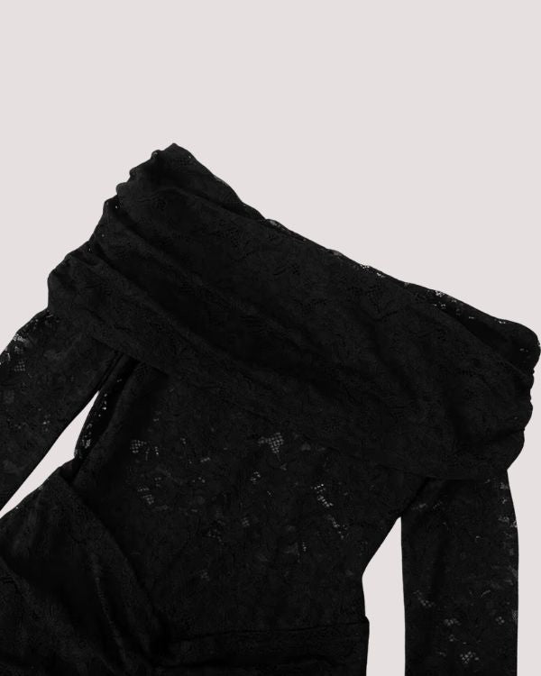 schwarzer Schulterfreier Damen Einteiler aus Floral Spitzen Stoff 