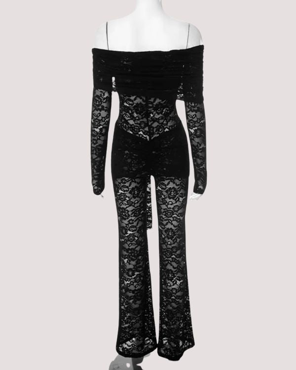 eleganter Damen Spitzen Stoff Jumpsuit Einteiler Overall Schulterfrei 