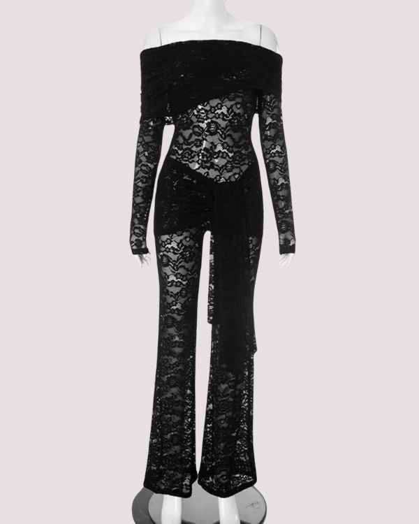 heisser erotischer Damen Jumpsuit Einteiler, leicht transparent und aus Blumen Spitzen Stoff 