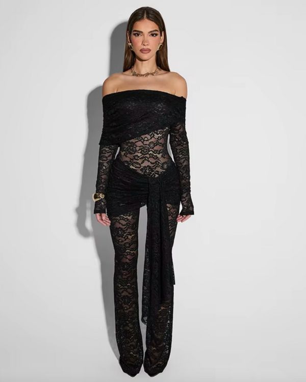 eleganter Spitzen Damen Jumpsuit Overall Einteiler - Schulterfrei und aus Floral Spitzen Lace Stoff 