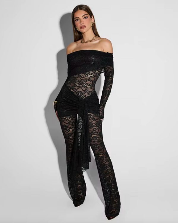 Schwarzer Damen Spitzen Overall Jumpsuit Schulterfrei - eleganter Einteiler 