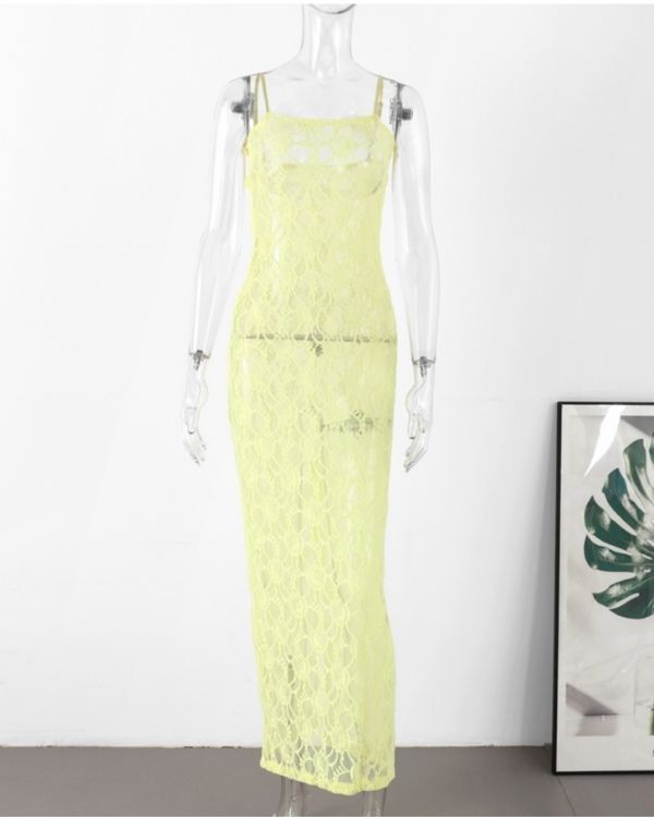Langes figurbetontes Spitzen Lace Kleid mit Spaghetti Trägern 