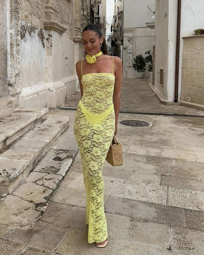 Figurbetontes langes Damen Sommerkleid aus Spitzen Lace Stoff mit Floral Blumen Muster 