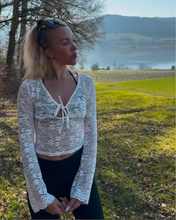 Zartes Spitzen-Shirt in Weiss mit figurbetontem Schnitt und romantischen Details