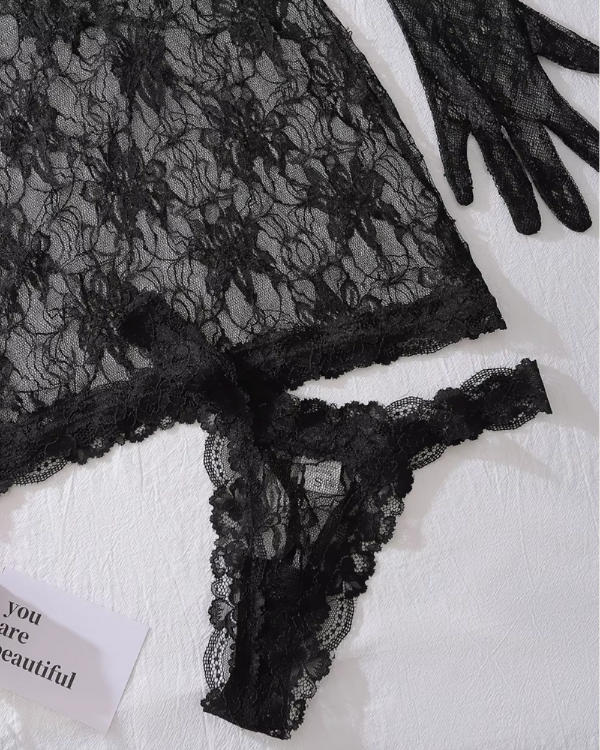 Elegantes schwarzes Dessouskleid mit schwarzem String Tanga für Damen