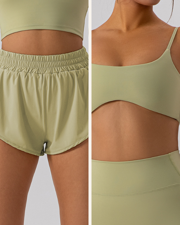 hellgrünes Sportset für Joggen, Training & Freizeit aus kurzen Shorts und Top