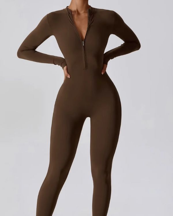 brauner Damen Sport Einteiler Jumpsuit - Trainingsanzug Overall in braun mit Innenfutter 