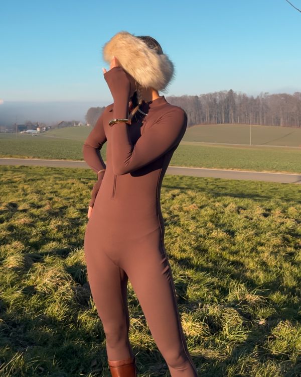 brauner Damen Jumpsuit Einteiler mit Innen Fleece - perfekt für kalte Wintertage 
