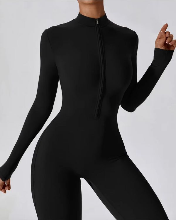 schwarzer Damen Einteiler Overall mit leichtem Kragen und Reissverschluss auf der Vorderseite 