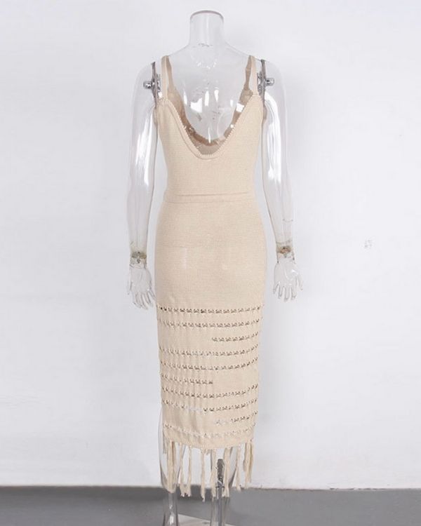Beiges langes Damen Sommerkleid Häkel Crochet Kleid 