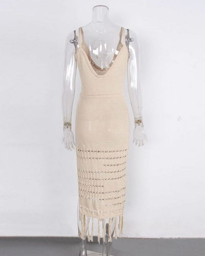 Beiges langes Damen Sommerkleid Häkel Crochet Kleid 