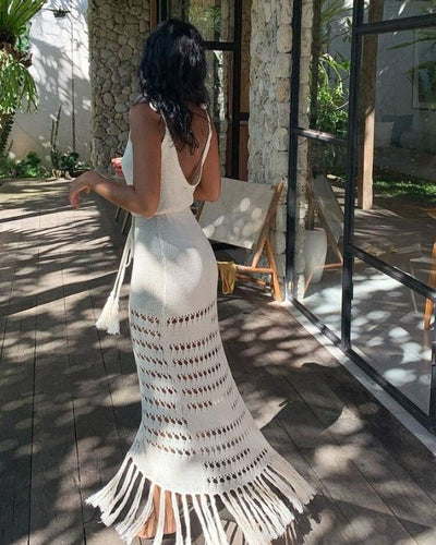 Ärmelloses Häkelkleid mit tiefem Ausschnitt und Crochet-Effekt - Weisses Boho Strandkleid