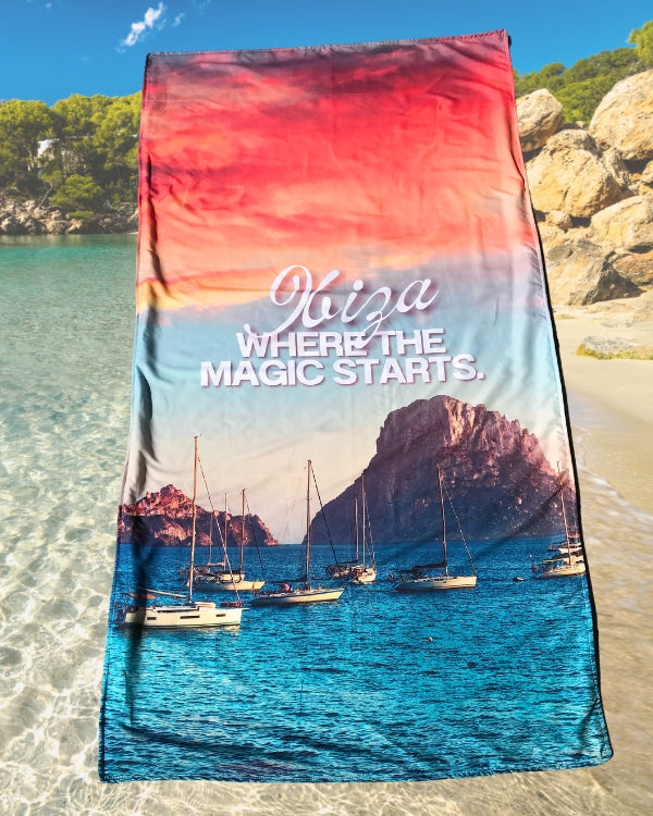 Ibiza Strandtuch Badetuch mit Es Vedra und Booten - Sommer Strandtuch Ibiza Insel Style 