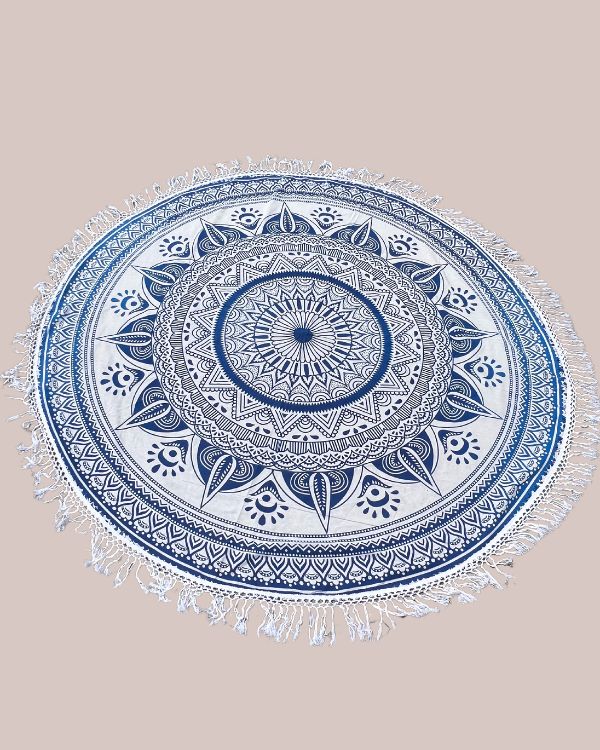 rundes Tuch mit Fransen und Mandala Print - Spirituelles Mandala Tuch 