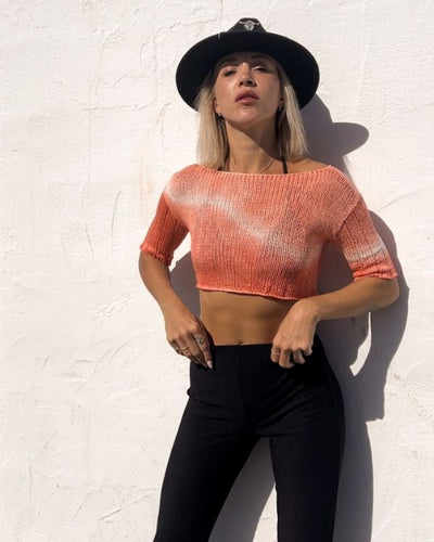 Batik Tie Dye Häkel Strick Shirt in orange-weiss 