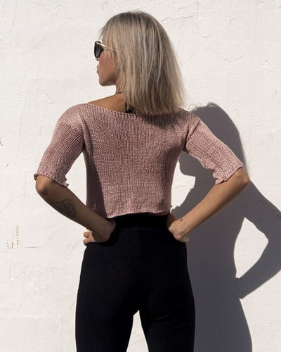 Häkel Crochet Strick Shirt Top Damen - Altrosa Crochet Shirt mit 3/4 Ärmel und Twisted Effekt 