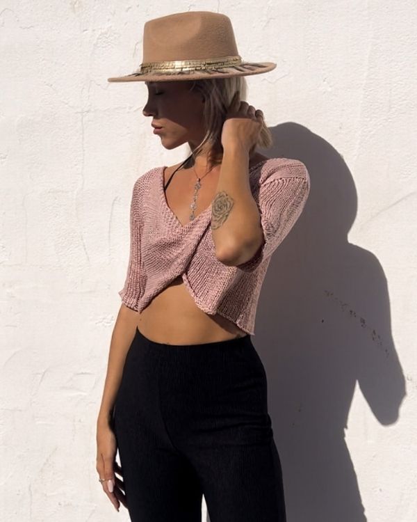 Vielseitiges Boho Strick Häkel Shirt mit Twist Effekt und 3/4 Ärmel 