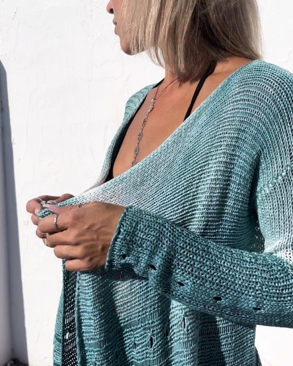 Türkis-weisser Boho Cardigan Häkel Kimono Strickcardigan 