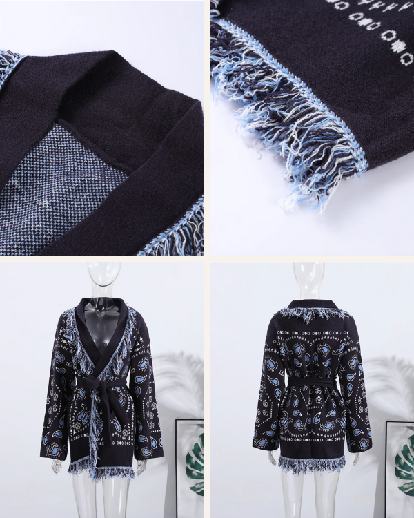 Dunkelblaue Damen Strickjacke Cardigan mit Paisley Muster und Fransen 