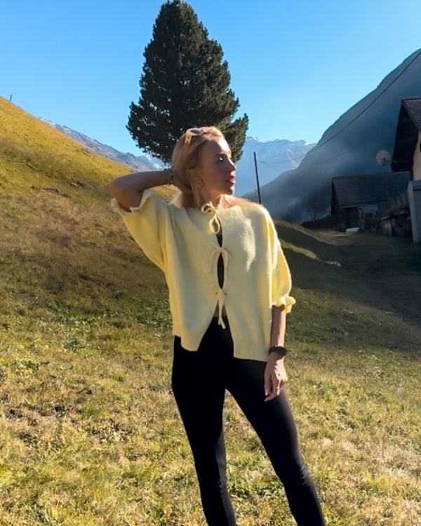 gelbe kuschelige Strickjacke mit Ruffle Ärmel 