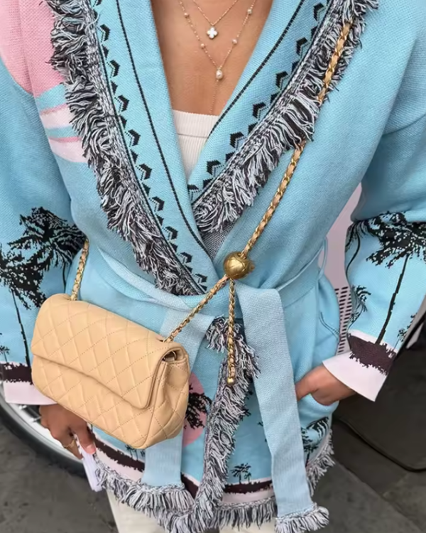 Türkisrosa Strickjacke mit Palmen Motiven - Stillvolle Damen Strick Kimono Cardigan mit Gürtel 