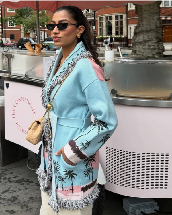 Pastell Cardigan Palmenprint - Boho Cardigan Kimono mit Fransen 