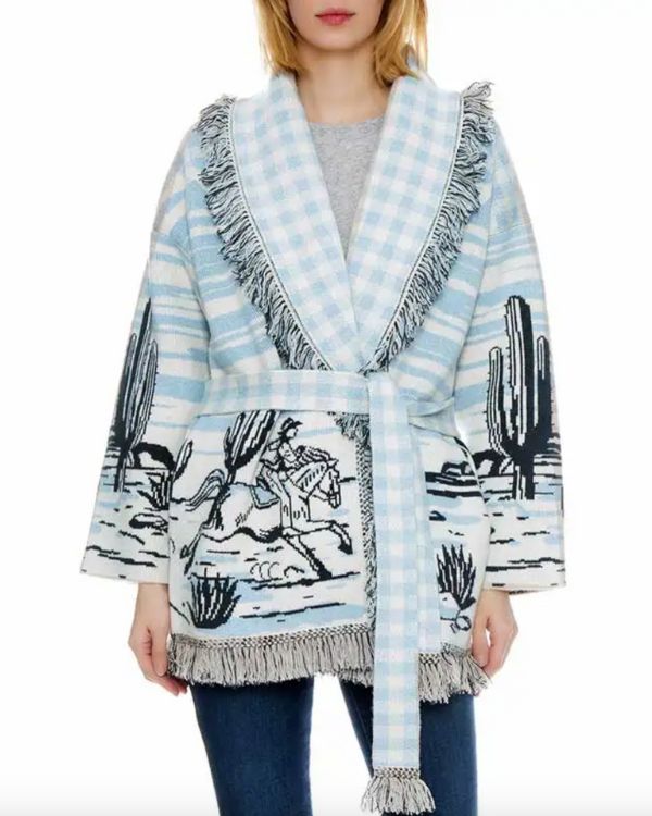 Karomuster Strickjacke Cardigan mit Fransen und Gurt zum binden - Hochwertige Kaschmir Wolle Cardigan mit Boho Mustern