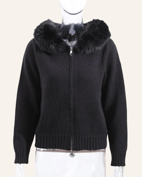 Schwarze Damen Kapuzen Strickjacke mit Kunstfell an der Kragen Kapuze 