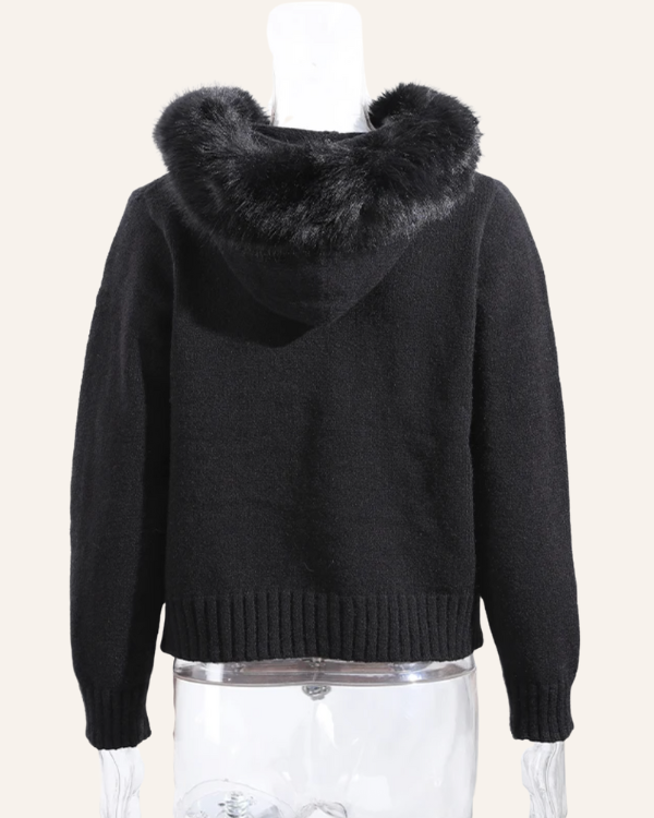 Warme Kapuzenjacke Damen | Schwarze Kapuzen Strickjacke mit Fellkapuze 