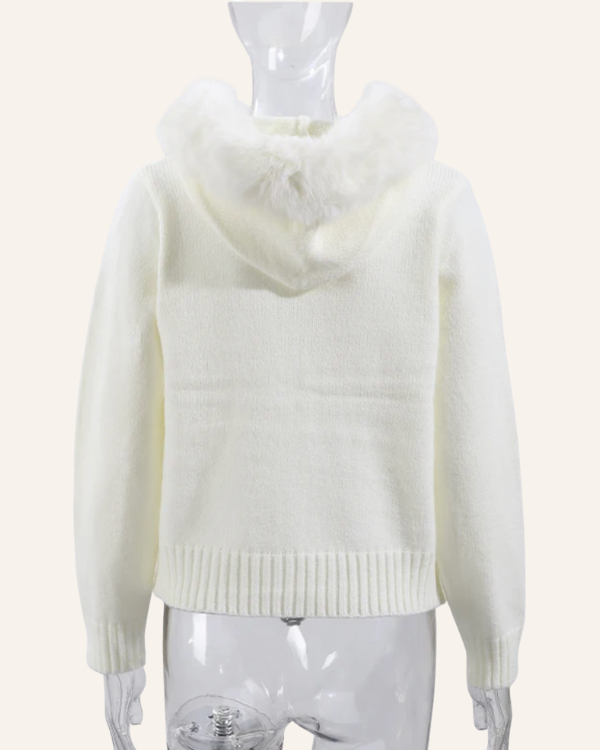 Elegante Damen Strickjacke in weiss mit Kapuze und Kunstfell 
