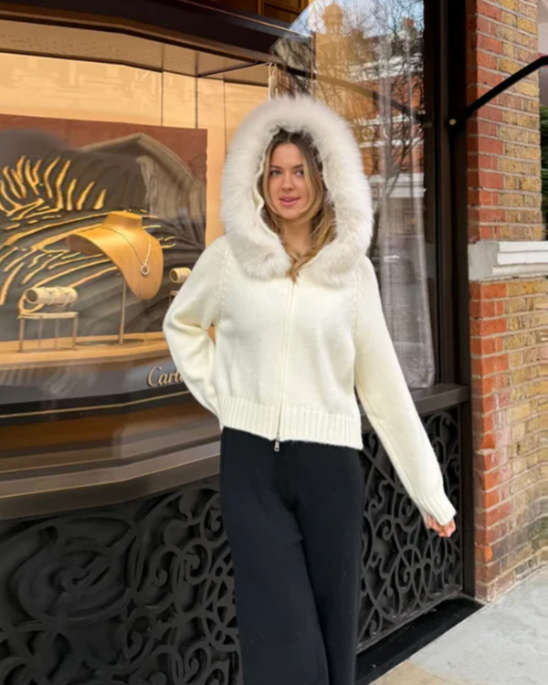 Strickjacke mit Fellkapuze Damen | Weisse Winter Strickjacke mit Kapuze 