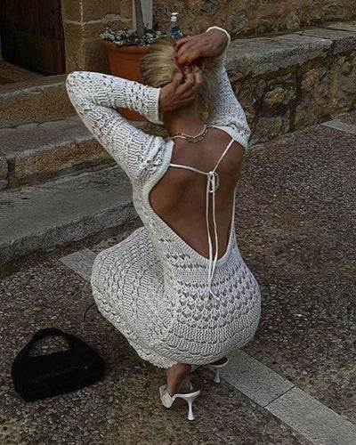Sommerliches Beach Boho Kleid mit Häkelmuster - Weisses Strickkleid