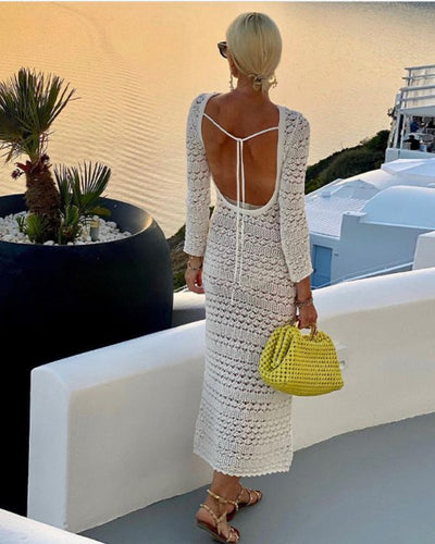 Boho Häkelkleid Strickkleid mit offenem Rücken - Weisses Strand Häkelkleid 