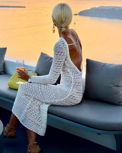 Häkelkleid mit offenem Rücken - Weisses Bohemian Strickkleid 