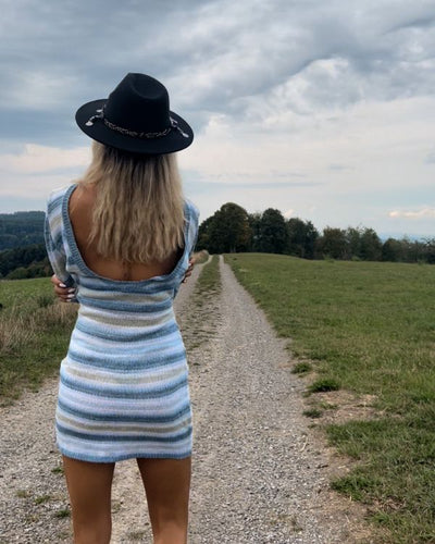 Damen Strickkleid Midi Kleid Feinstrick mit Streifen in blau-grün