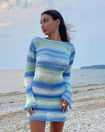 Blau Grünes Strickkleid mit offenem Rücken - Strickkleid 