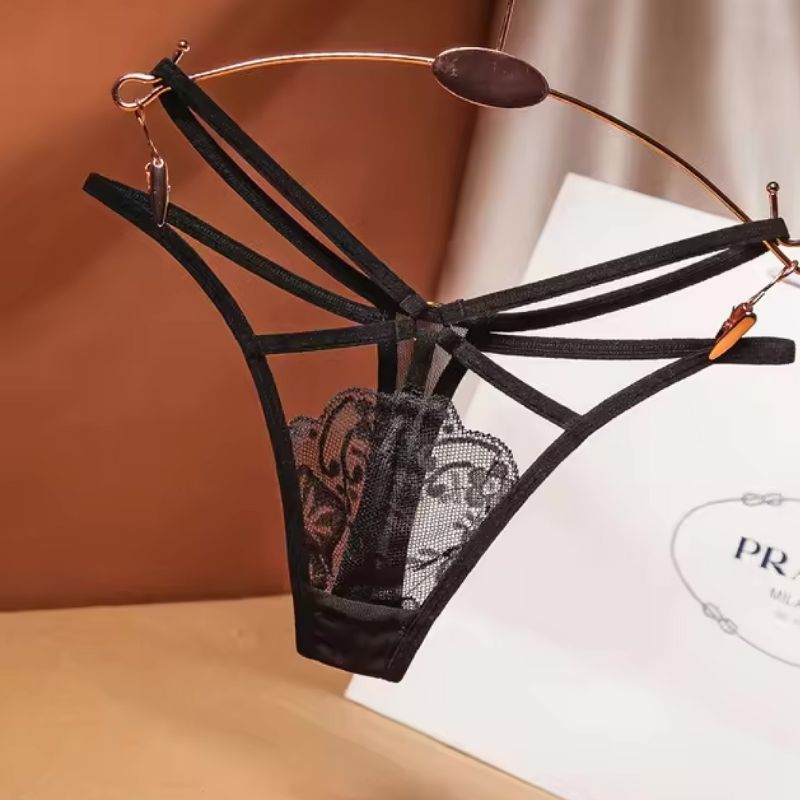 schwarzer Spitzen Mini String Tanga mit Bänder Träger Design auf den Seiten