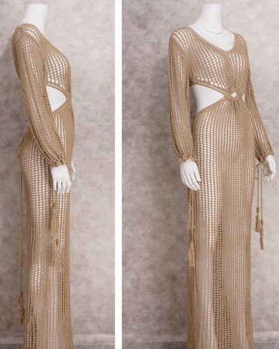 Einzigartiges Design: Langarm Strickkleid mit markantem Netzstrickmuster