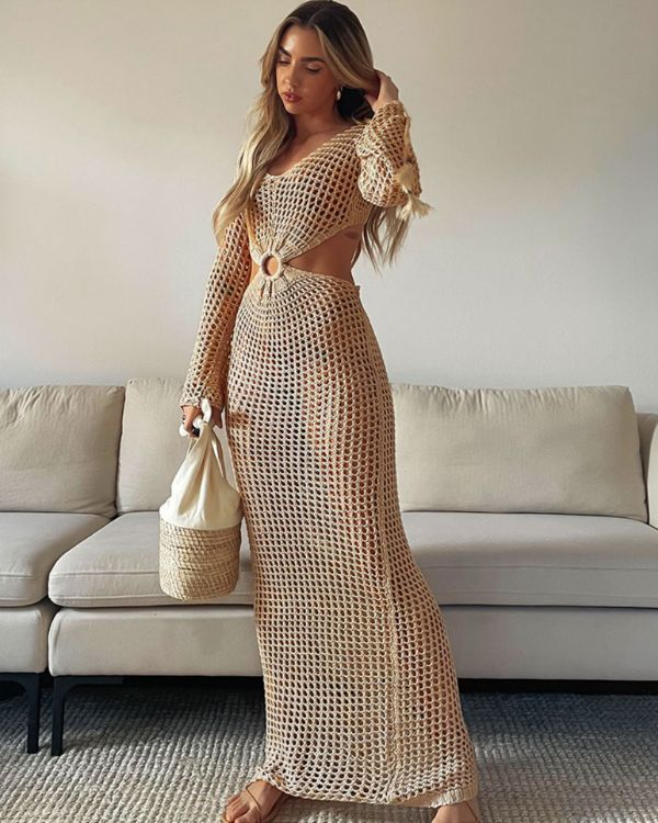 Langarm Strickkleid mit seitlichen Cut-outs in grobem Netzstrick