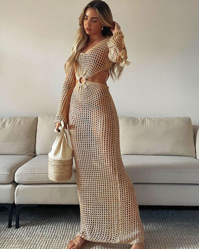 Langarm Strickkleid mit seitlichen Cut-outs in grobem Netzstrick